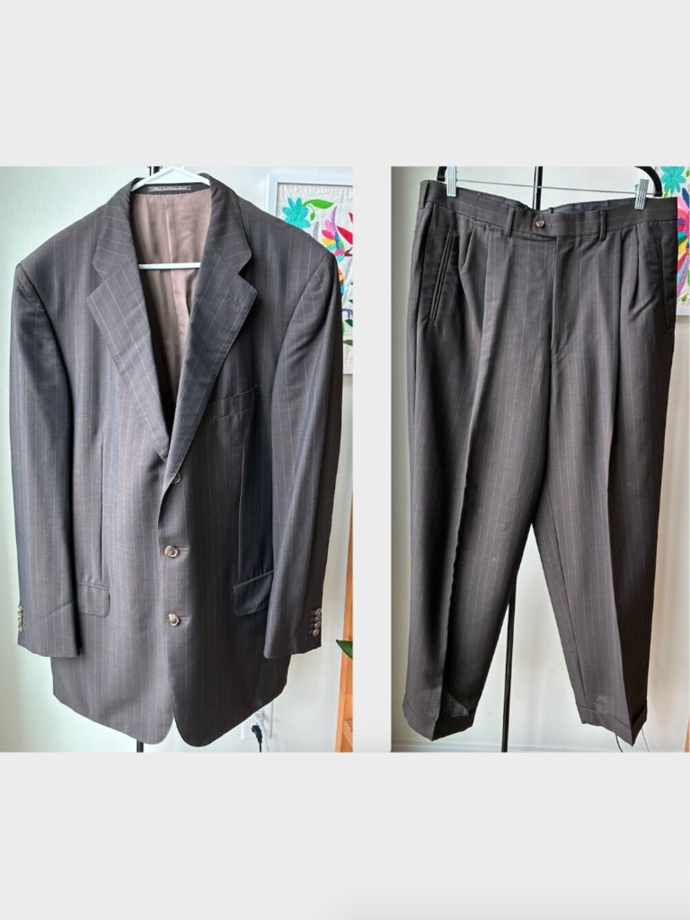 Ermenegildo Zegna Vintage Wool Suit in Brown w/ Gray Navy Stripes - Size 56L